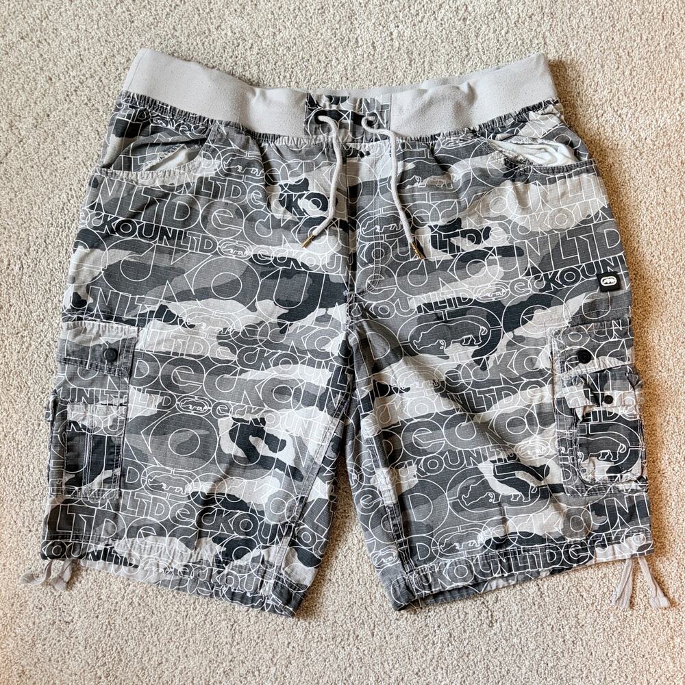 Cargo Shorts ECKO UNLTD Gray Logo Print 2XL Y2K Baggy Hip Hop Skate Streetwear